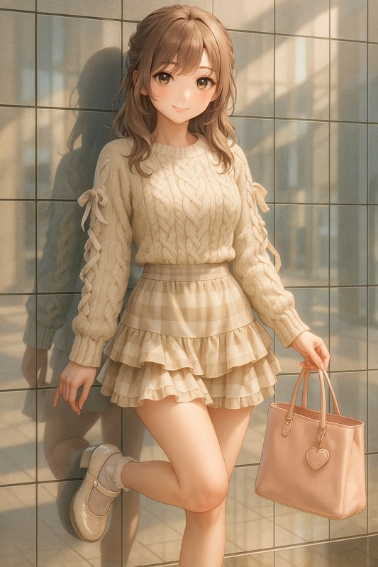 リボンスリーブニット×ベージュギンガムのナチュふわコーデ|量産型女子AIイラスト