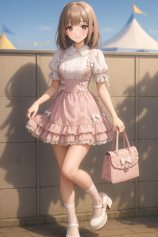 ピンクJSK×フリルブラウスの王道ガーリー参戦服|量産型女子AIイラスト