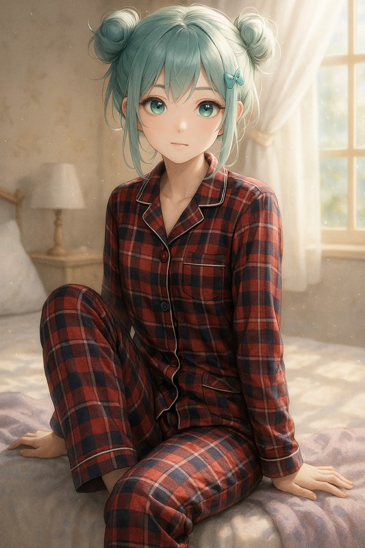 チェック柄パジャマを着る美少女AIイラスト|プロンプト紹介