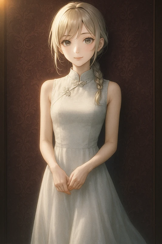 ノースリーブ×フレアシルエットのモダンチャイナドレス|AIイラストプロンプト紹介