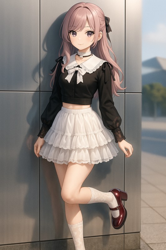 黒レース襟トップス×白チュールティアードの甘辛MIX|量産型女子AIイラスト