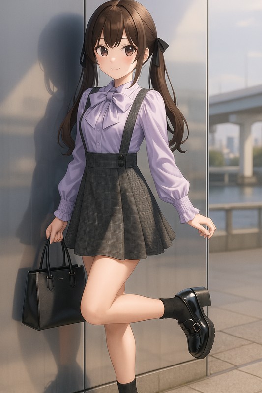 ライラックブラウス×グレーチェックJSKの優等生ガーリー|量産型女子AIイラスト