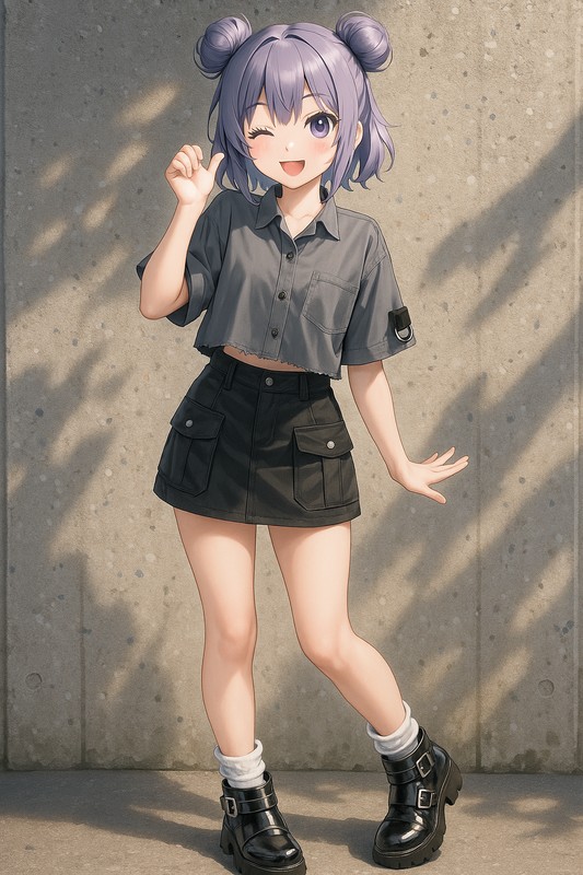 グレーシャツ×カーゴミニスカのカジュアルミリタリー風|地雷系のAIイラスト