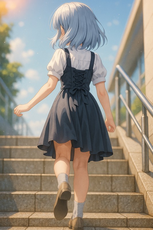 階段を一歩上がる美少女AIイラスト|プロンプト紹介
