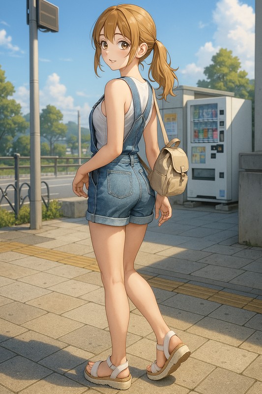 オーバーオールとノースリーブの重ね着のAIイラスト|プロンプト紹介