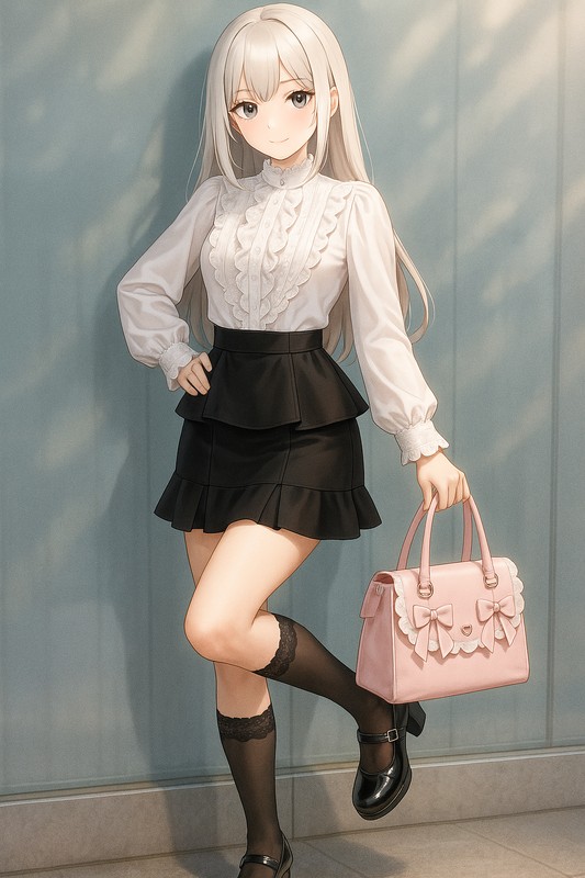 レースフリルブラウス×黒ピンタックの大人ガーリースタイル|量産型女子AIイラスト
