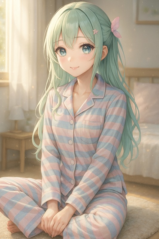 ストライプ柄パジャマを着る美少女AIイラスト|プロンプト紹介