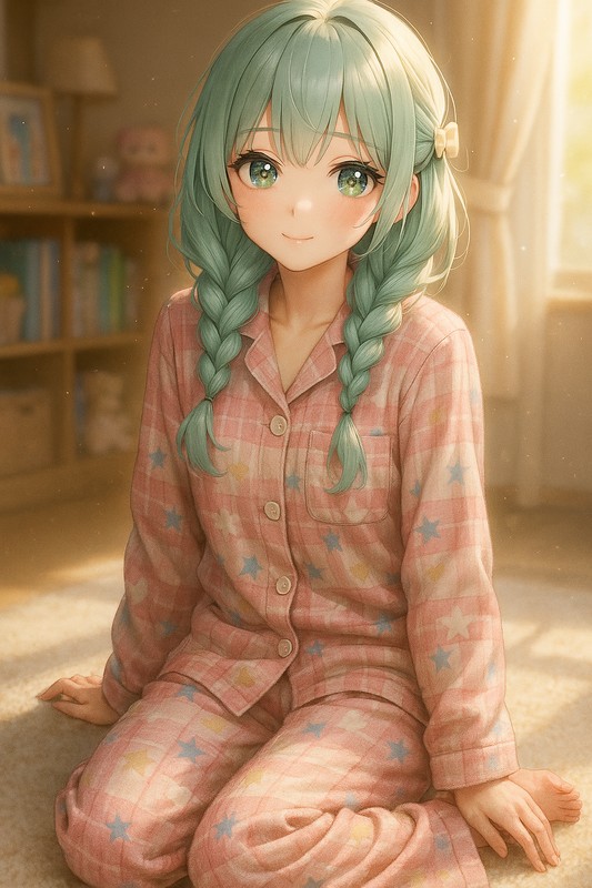 フランネルパジャマを着る美少女AIイラスト|プロンプト紹介