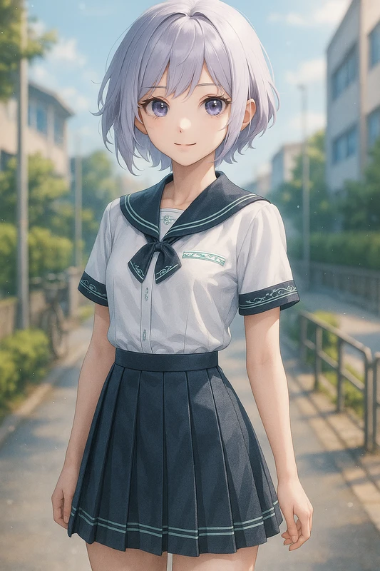 半袖セーラー×刺繍入りライン×ボックススカートのチャイナ制服|AIイラストプロンプト紹介