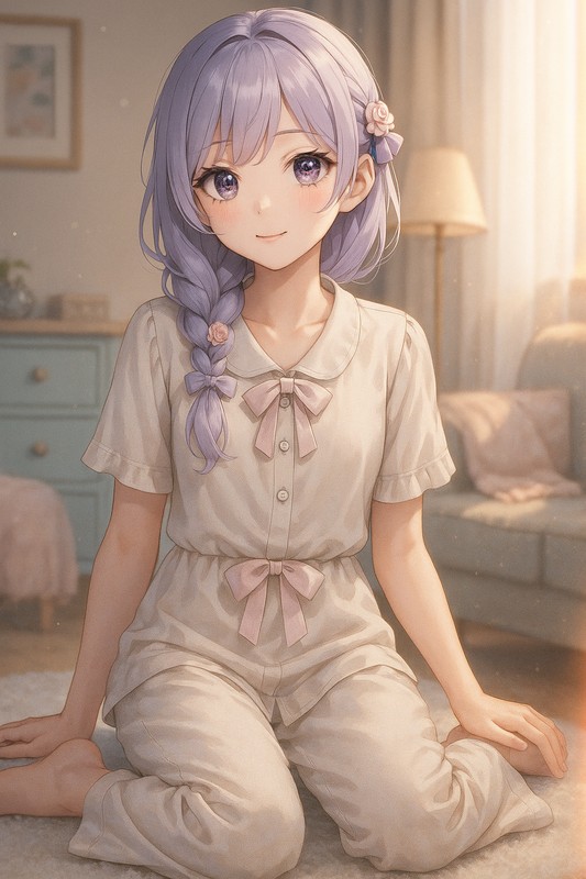 リボン付きパジャマを着る美少女AIイラスト|プロンプト紹介
