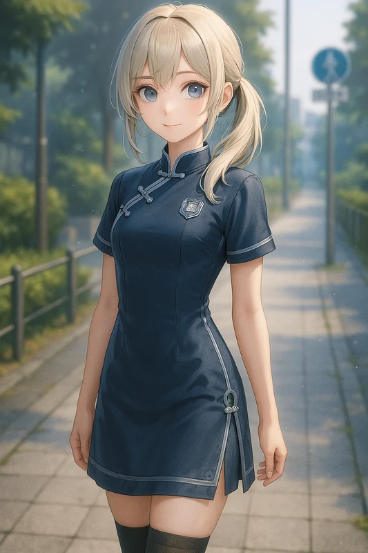 校章バッジ付き×黒ニーソ×ワンピ型チャイナ制服|AIイラストプロンプト紹介