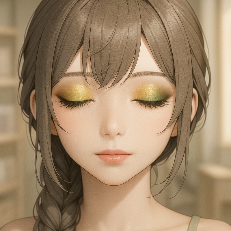アンティークゴールドからフォレストグリーンのグラデーションアイシャドウのAIイラスト
