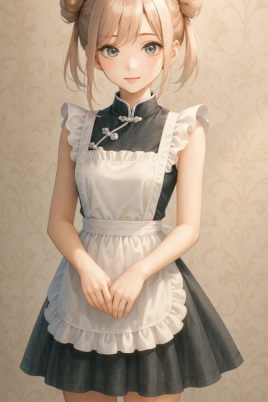 フリルエプロン×チャイナボタンの定番メイドチャイナドレス|AIイラストプロンプト紹介