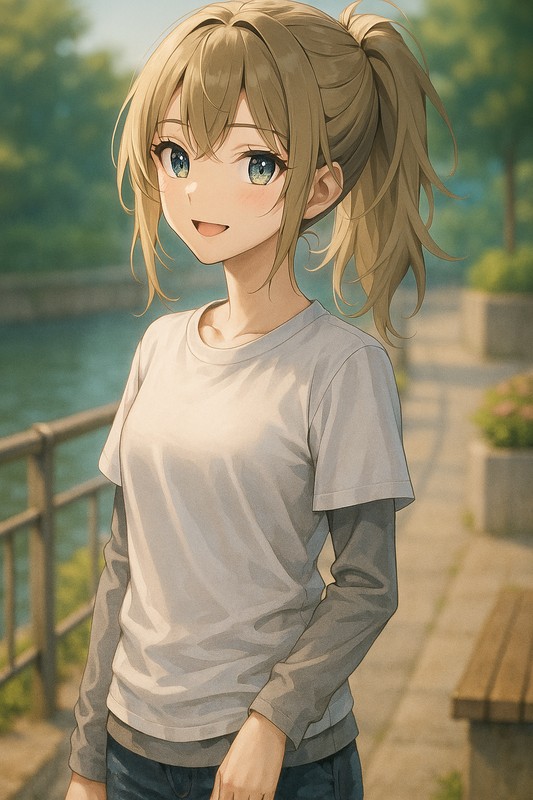 Tシャツ下から長袖カットソーの裾がみえる状態を再現したAIイラスト|プロンプト紹介