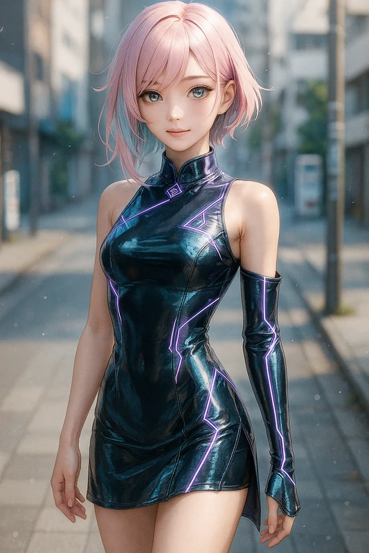 アシンメトリー構造×光沢ビニール素材の近未来チャイナ服|AIイラストプロンプト紹介