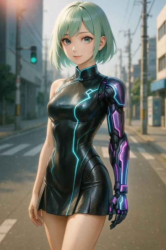 ボディスーツベース×チャイナ襟×サイバーアームの戦闘型チャイナ服|AIイラストプロンプト紹介