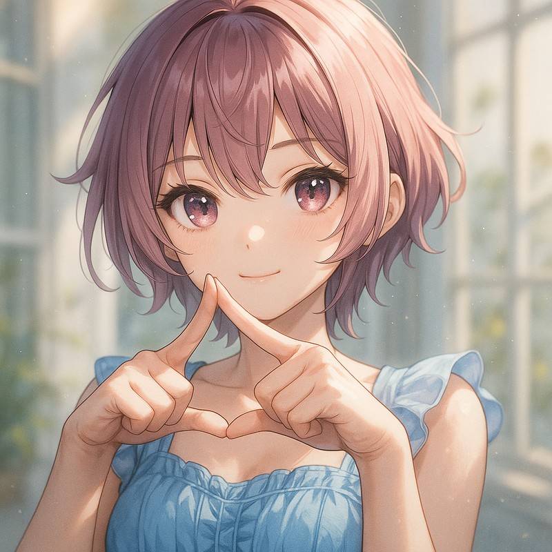 指で三角形を作るジェスチャーをする美少女AIイラスト|プロンプト紹介