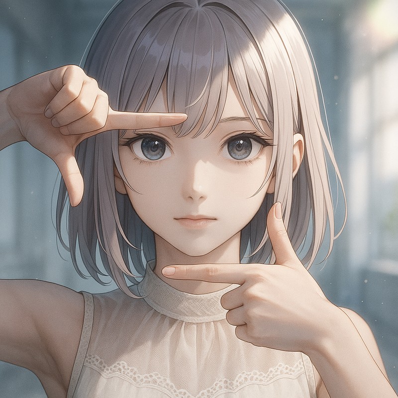 指でフレーム枠を作るジェスチャーをする美少女AIイラスト|プロンプト紹介