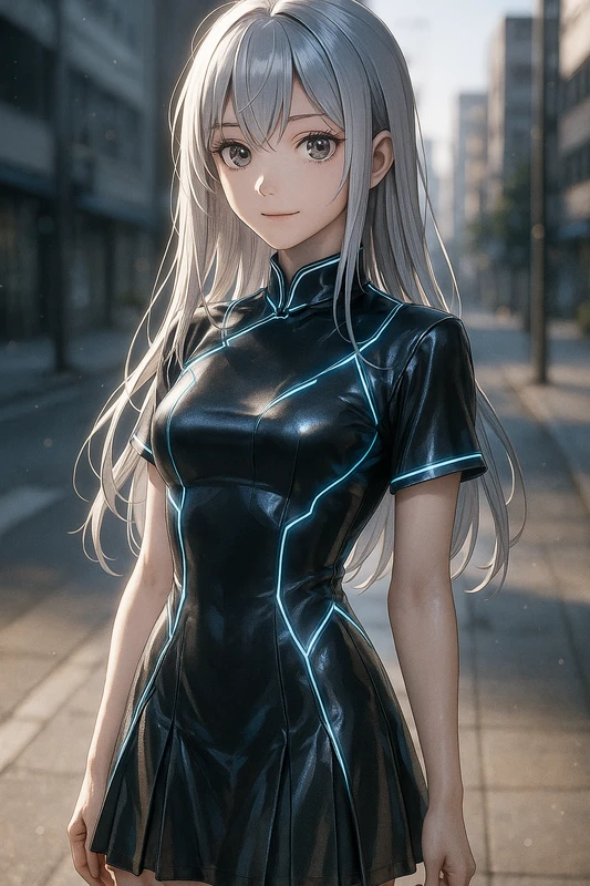メタリック生地×発光ラインのハイカラーSFチャイナ服|AIイラストプロンプト紹介
