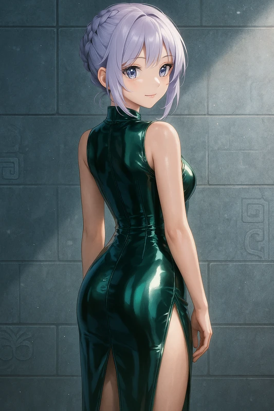 バックスリット×ラテックス風タイトチャイナドレス|AIイラストプロンプト紹介