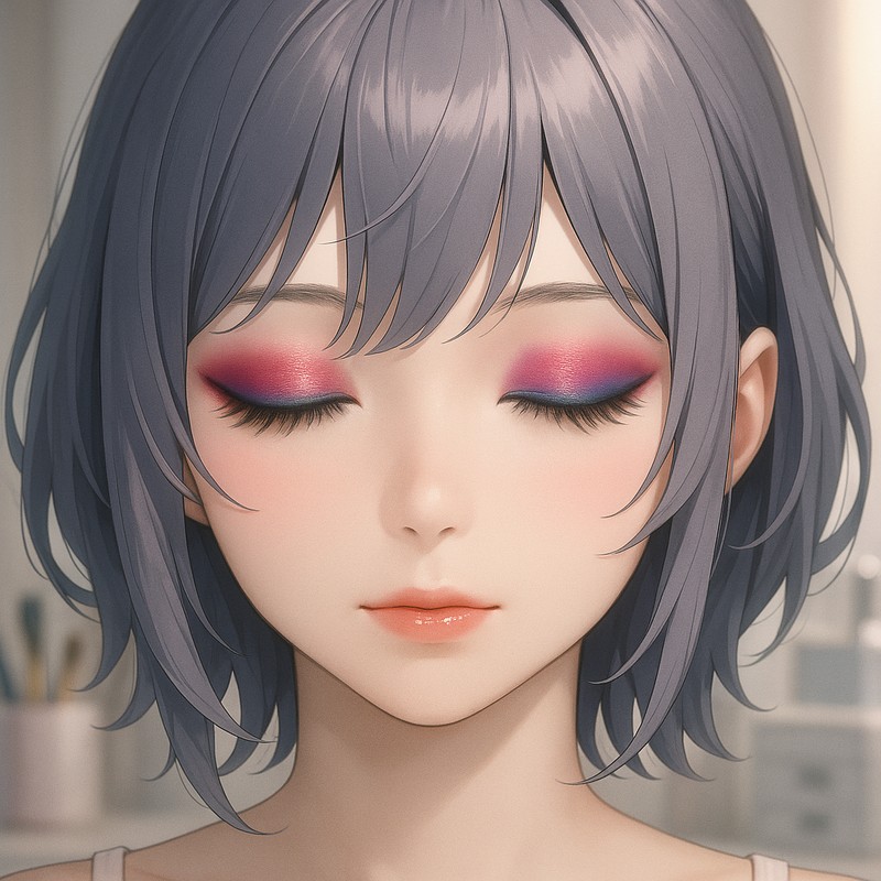 ルビーレッドからサファイアブルーのグラデーションアイシャドウのAIイラスト