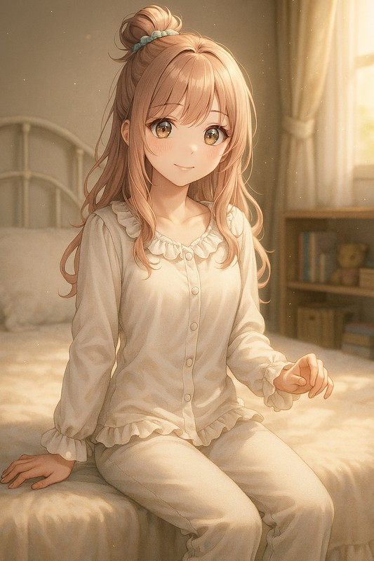 フリル付きパジャマを着る美少女AIイラスト|プロンプト紹介