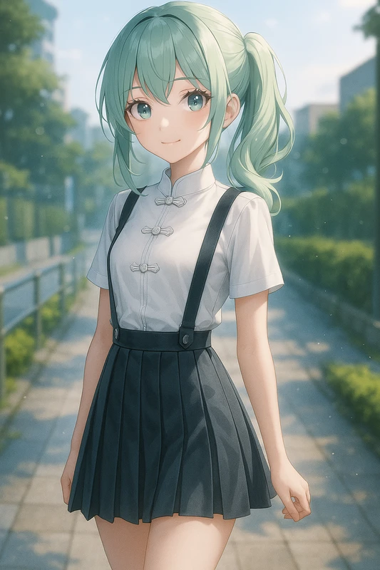 白シャツ型チャイナ×吊りスカートのジャンスカ風制服チャイナ服|AIイラストプロンプト紹介