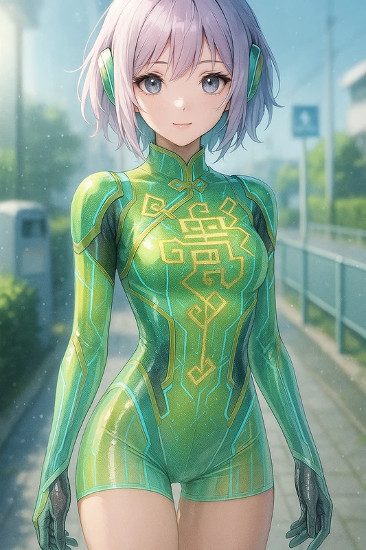 半透明カーボン素材×光るチャイナ文様回路のテックスーツ型チャイナ服|AIイラストプロンプト紹介