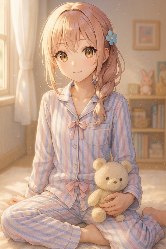 ボーダーパジャマを着る美少女AIイラスト|プロンプト紹介