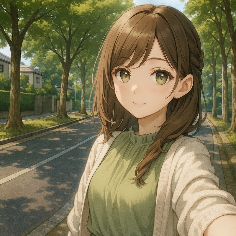 カーブする郊外の並木道のAIイラスト|背景用プロンプト紹介