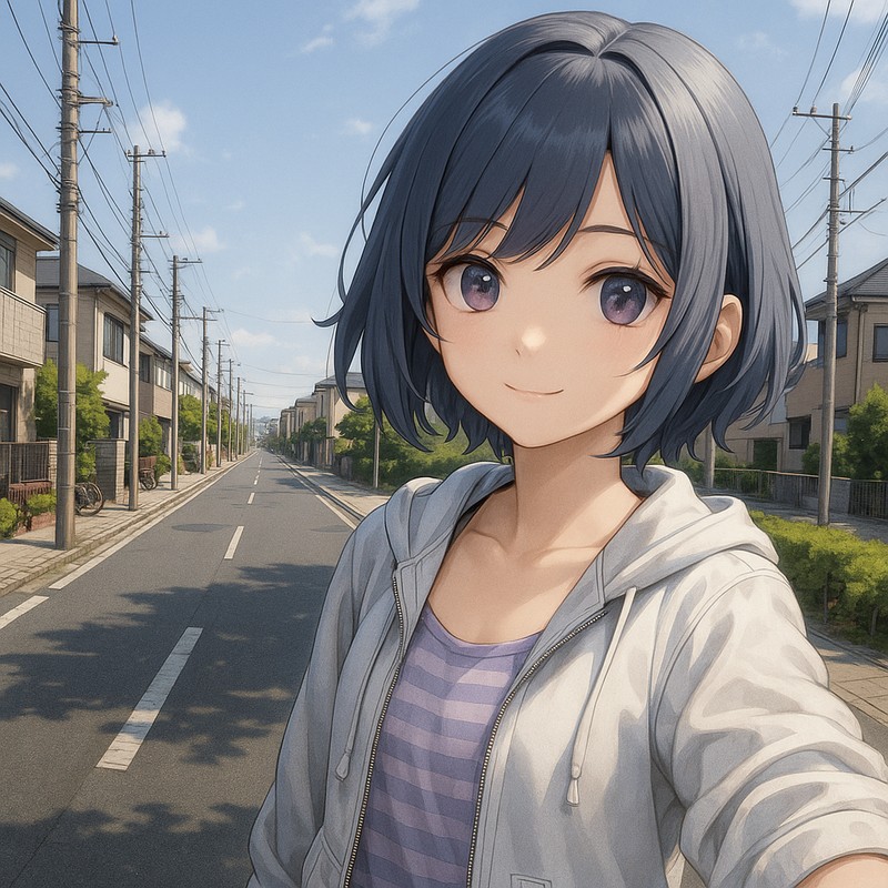 幹線道路沿いの住宅街のAIイラスト|背景用プロンプト紹介