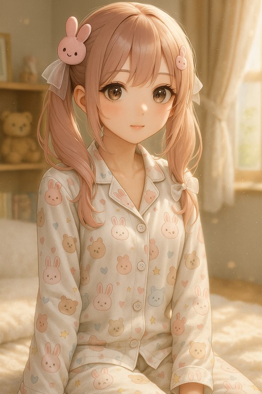 キャラクターパジャマを着る美少女AIイラスト|プロンプト紹介