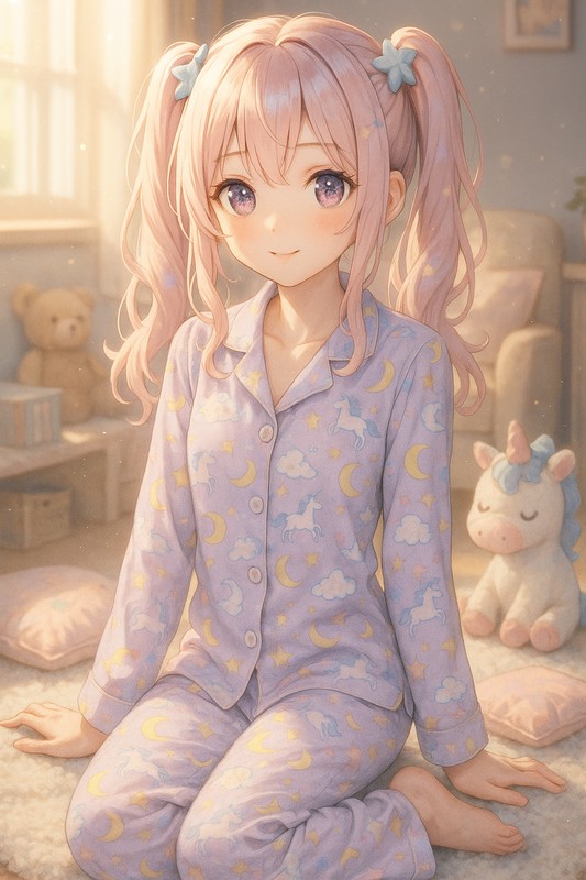 メルヘン柄パジャマを着る美少女AIイラスト|プロンプト紹介