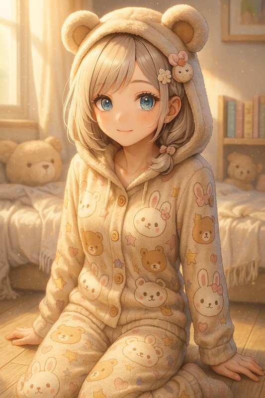 くま耳付きフードパジャマを着る美少女AIイラスト|プロンプト紹介