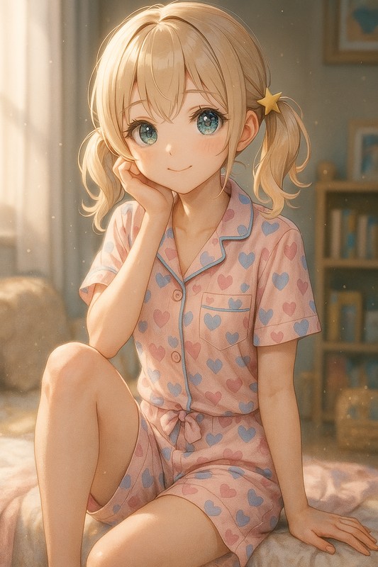 ハート柄パジャマを着る美少女AIイラスト|プロンプト紹介