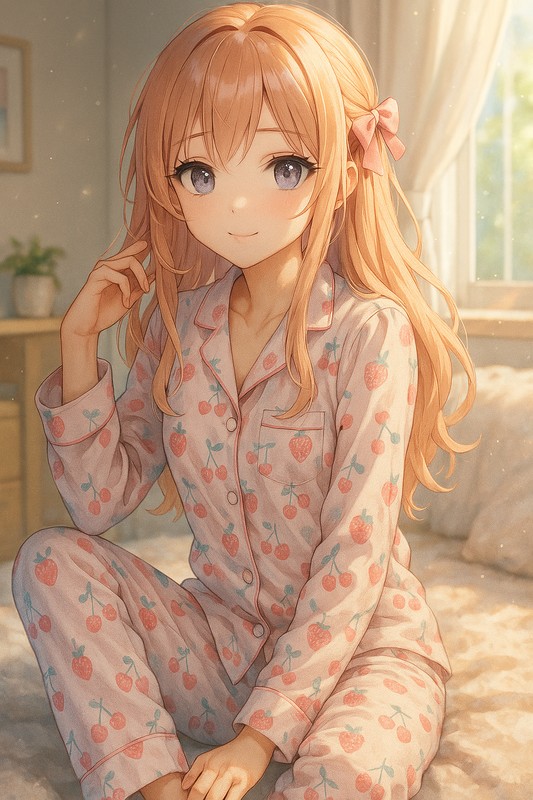 フルーツ柄パジャマを着る美少女AIイラスト|プロンプト紹介