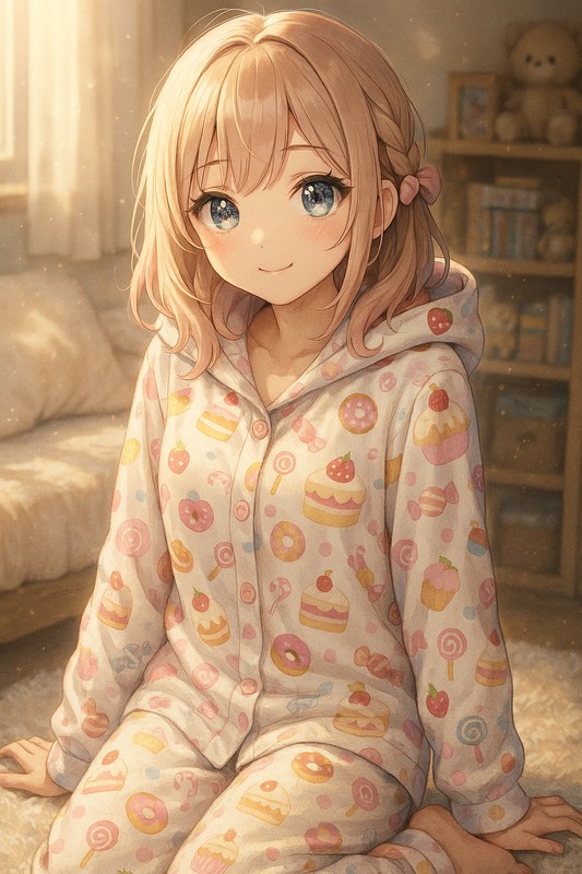 スイーツ柄パジャマを着る美少女AIイラスト|プロンプト紹介