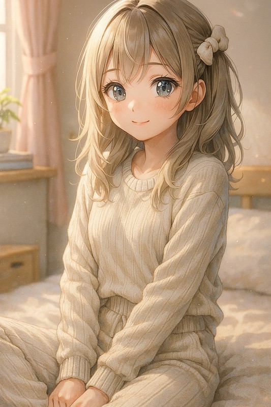 ニット素材セットアップのルームウェアを着る美少女AIイラスト|プロンプト紹介
