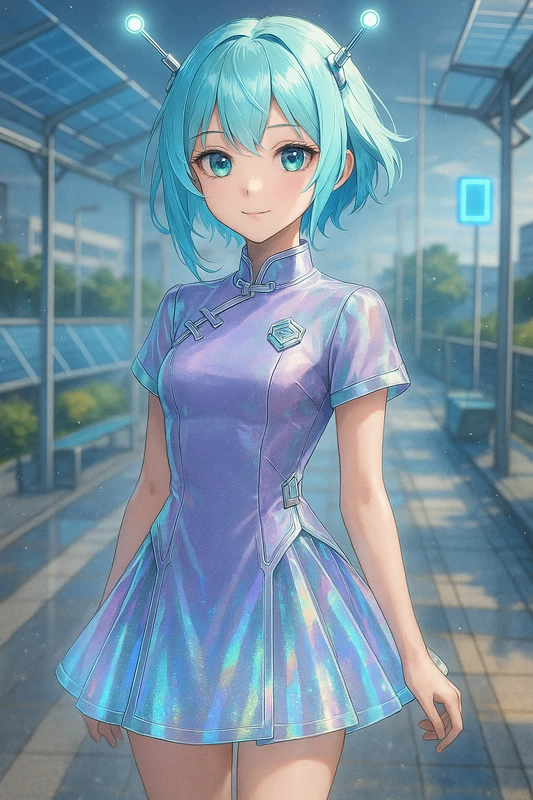 チャイナワンピース×ホログラムスカート×アンテナヘッドのアイドル風SFスタイル|AIイラストプロンプト紹介