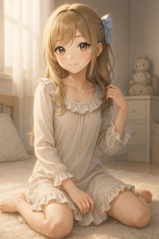 フリル付きワンピースパジャマを着る美少女AIイラスト|プロンプト紹介