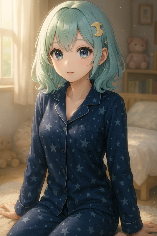 星柄パジャマを着る美少女AIイラスト|プロンプト紹介