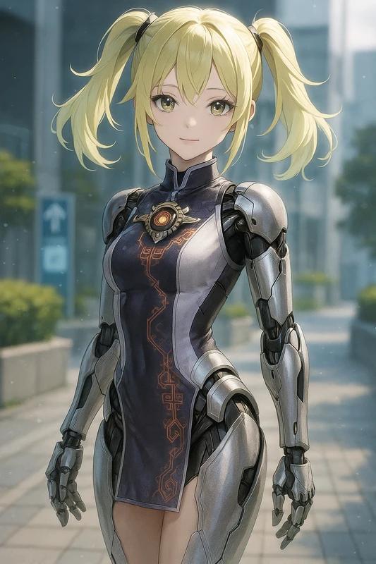 強化義肢×チャイナボディ×AIコアブローチのサイバーパンクバトルチャイナ服|AIイラストプロンプト紹介