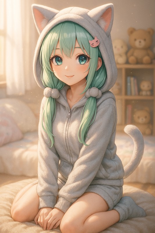 フード付きネコパジャマを着る美少女AIイラスト|プロンプト紹介