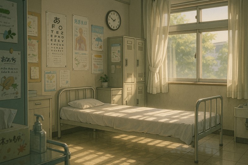窓際に置かれたベッドと揺れる薄手の白いカーテンがある保健室のAIイラスト