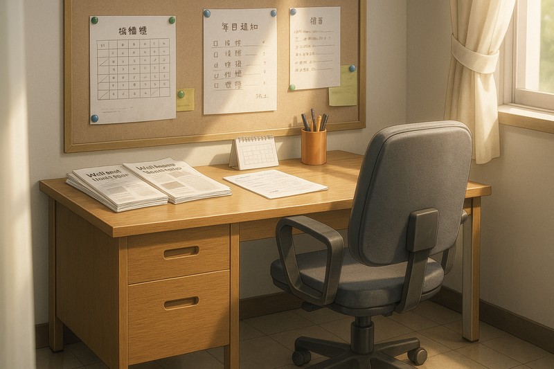 保健室の机と椅子（先生用）・掲示物のAIイラスト