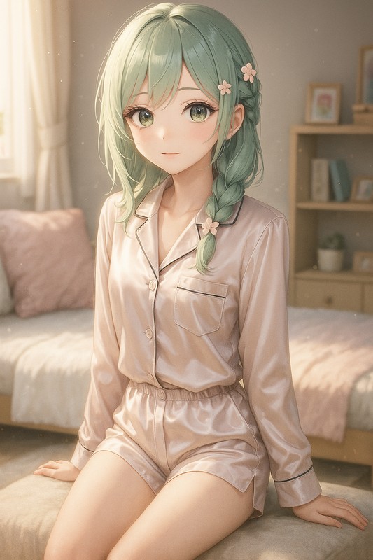 サテン生地のパジャマを着る美少女AIイラスト|プロンプト紹介
