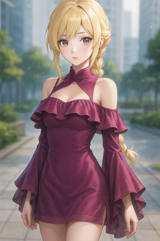 二重オフショル×ベルスリーブ×ドレープ入りチャイナドレス|AIイラストプロンプト紹介