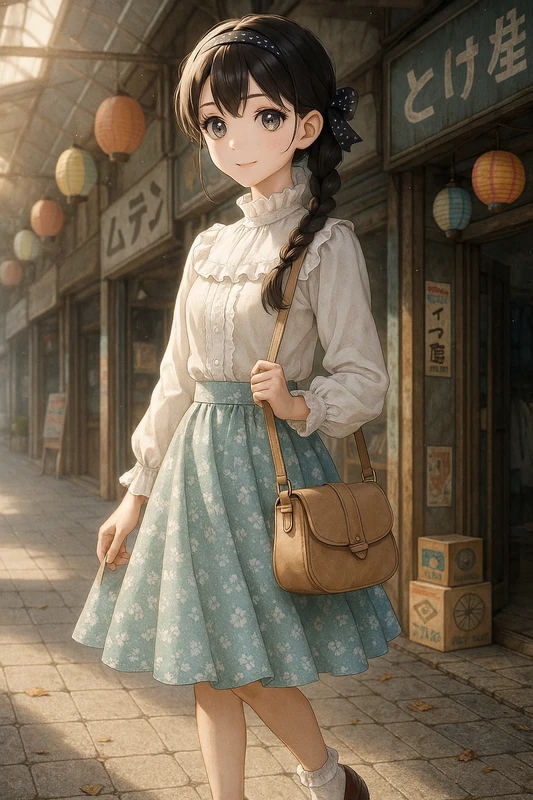 ミント小花柄スカートとフリル靴下|昭和レトロ女子AIプロンプト