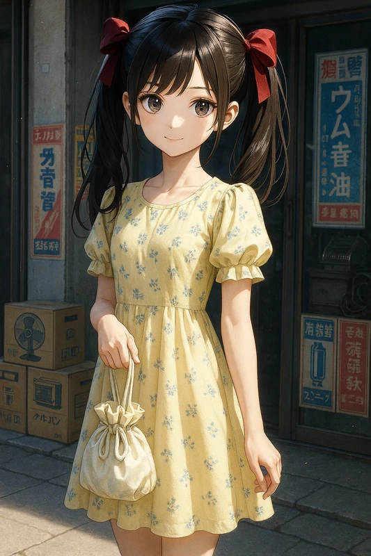 パフ袖ワンピと赤リボンツインテ|昭和レトロ女子AIプロンプト