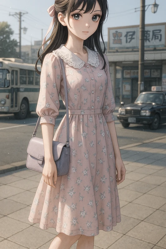 ピンク小花柄ワンピとラベンダーがま口|昭和レトロ女子AIプロンプト